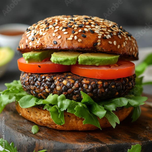 Fototapeta A delicious vegan burger on a plate with lettuce, tomato, and cheese on a wooden background