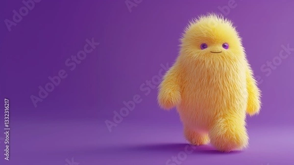 Obraz Fluffy Friend: A Yellow, Furry Creature with Purple Eyes Stands Against a Solid Purple Background, Radiating Cuteness and Simplicity.


