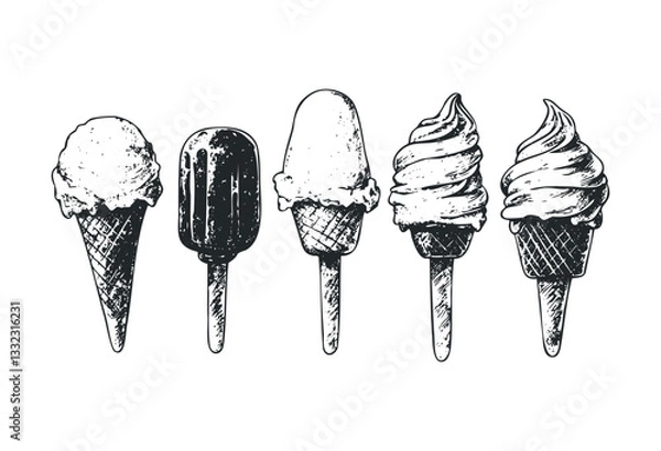 Fototapeta Variety of classic ice cream cones and popsicles in vintage style. Vector retro hand drawn illustration