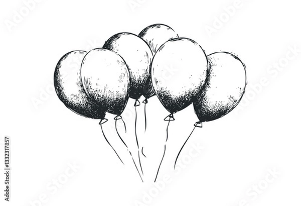 Fototapeta Hand-drawn balloon sketch illustrating six floating balloons with strings. Vector retro hand drawn illustration