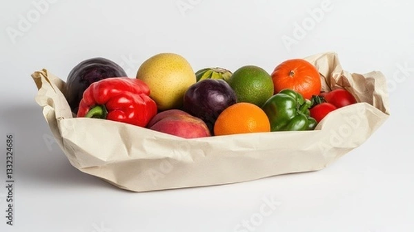 Obraz Photo of a paper bag filled with fresh fruits and vegetables on a white background, top view. Web banner with copy space for text on the right side, isolated on a clean, single-color backdrop. Stock p