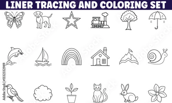 Fototapeta Liner Tracing Coloring Set Animals, Nature, and Objects