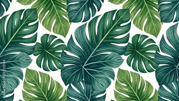 Fototapeta Oversized Foliage and Vibrant Greens: Tropical Leaf Seamless Tile Pattern for Lush, Lively Interiors - Perfect Photo Stock Concept with Ample Empty Space on the Left Side
