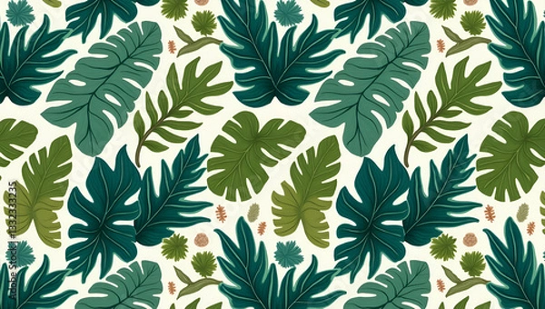 Fototapeta Oversized Foliage and Vibrant Greens: Tropical Leaf Seamless Tile Pattern for Lush, Lively Interiors - Perfect Photo Stock Concept with Left-Side Empty Space