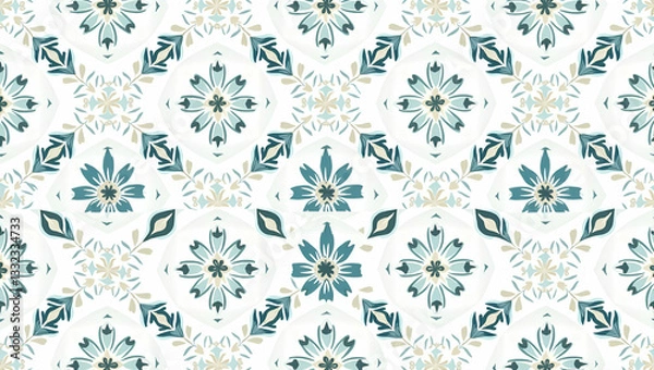 Fototapeta Nautical seamless tile pattern with marine inspired botanical motifs and oceanic color scheme for coastal homes concept as Marine inspired botanical motifs with oceanic colors create nautical seamless