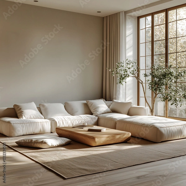 Obraz Beige living room in minimalist style with big sofa.