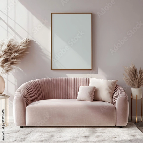 Obraz Frame mockup with stylish pink soft sofa