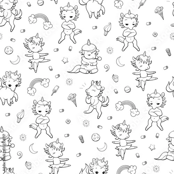 Fototapeta Seamless vector pattern with cute unicorns on white background. Perfect for textile, wallpaper or print design. Design for coloring book.