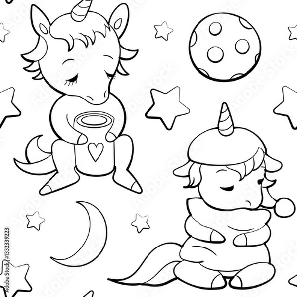 Fototapeta Seamless vector pattern with cute unicorns on white background. Perfect for textile, wallpaper or print design. Design for coloring book.