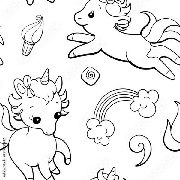 Fototapeta Seamless vector pattern with cute unicorns on white background. Perfect for textile, wallpaper or print design. Design for coloring book.