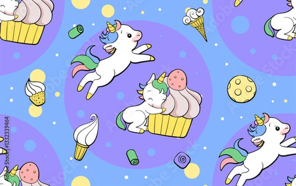 Fototapeta Seamless vector pattern with cute unicorns on vibrant background. Perfect for textile, wallpaper or print design.