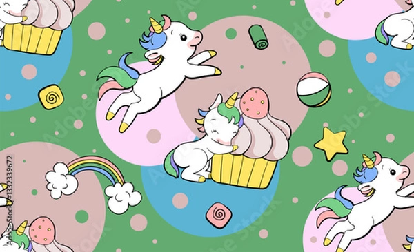 Fototapeta Seamless vector pattern with cute unicorns on vibrant background. Perfect for textile, wallpaper or print design.