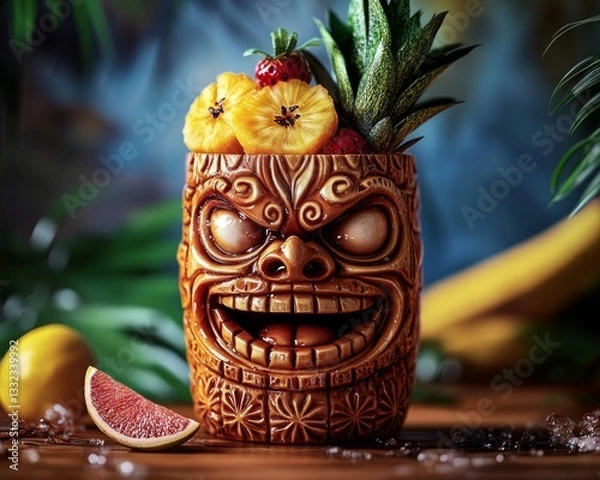 Fototapeta A tiki mug shaped like an angry face, adorned with fruit, set against a tropical beach background, hyper-realistic.