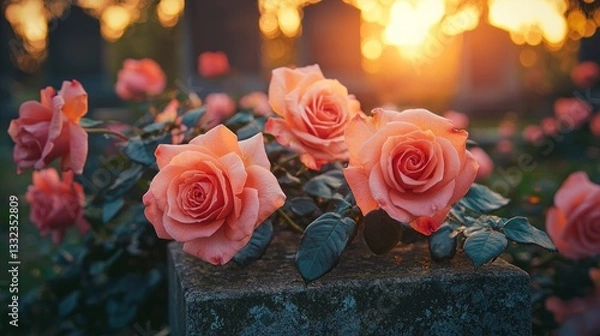Obraz Sunset roses resting on a cemetery grave