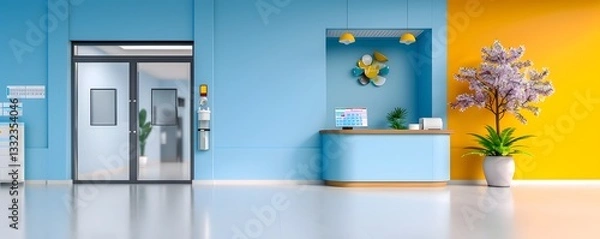 Fototapeta A sleek and modern healthcare facility featuring a minimalist architectural design with a triadic color scheme of blue yellow and white creating a clean and futuristic atmosphere