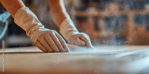Obraz Hands Sanding Wood Surface with Dust