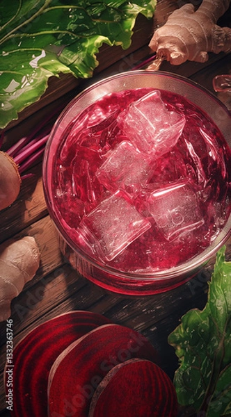 Fototapeta A bright red smoothie with beets, ginger, and ice cubes sits on an open wooden table, surrounded by fresh green leaves and slices of raw root vegetables.