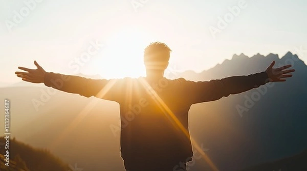 Fototapeta A man with his arms outstretched, back to the camera, embracing life and freedom against a white sky background with sun rays. The silhouette of mountains is visible in the distance behind him. A scen