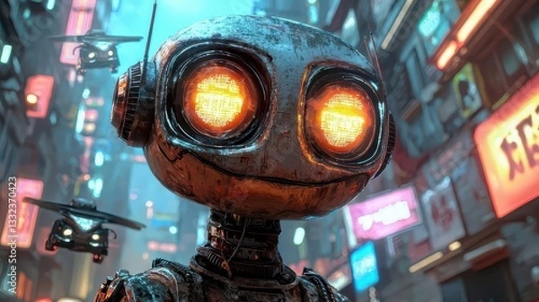 Fototapeta Rustic Cyberpunk Robot with Glowing Eyes in Futuristic City