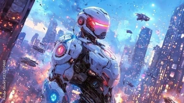 Fototapeta Futuristic Robot in Cyberpunk City