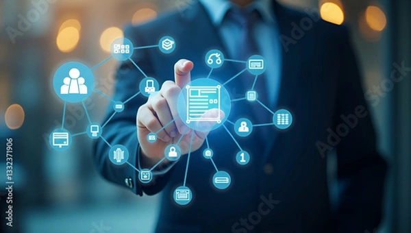 Fototapeta Businessman Approving Document on Virtual Screen: Illustrating Business Process Workflow and Management Approvals with Empty Space for Customization in Stock Photo
