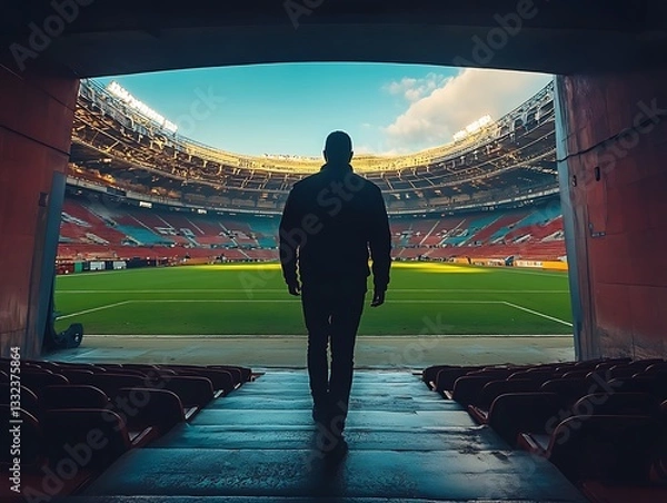 Fototapeta A person walks toward a vast stadium with bright lights
