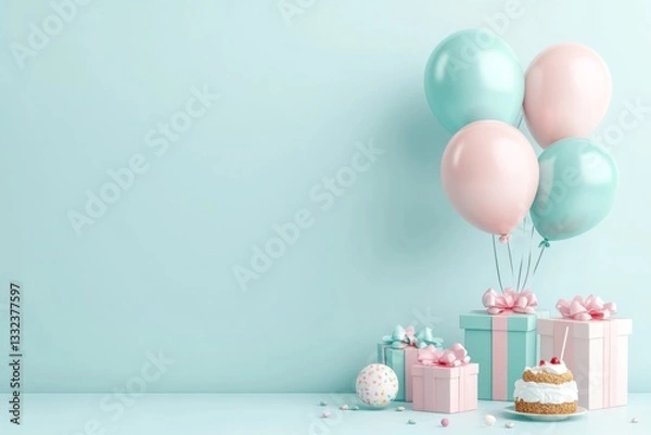 Fototapeta A vibrant 3D illustration of balloons tied to floating presents, hovering above a table set with treats and party favors, all rendered in cheerful, glossy colors