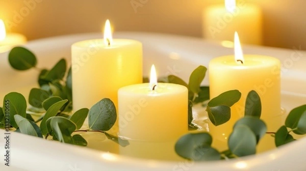 Fototapeta Tranquil Spa Setting Floating Candles and Eucalyptus