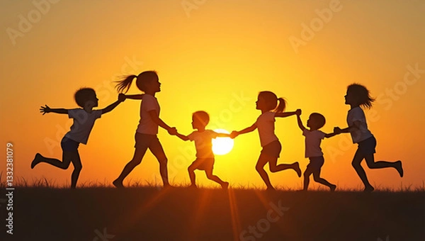 Obraz Flat Vector Illustration of Children Playing During Summer Sunset: Capturing Happy Moments in a Cute and Simple Design for Your Business Needs