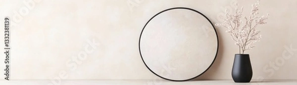 Fototapeta A minimalist decor scene featuring a round mirror and a black vase with dried flowers against a neutral wall.