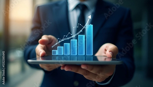 Fototapeta Flat Tablet businessman showing stock bar graphs market economic statistics profit growth vertical image concept as Businessman holding tablet displaying stock bar graphs and market economic statistic