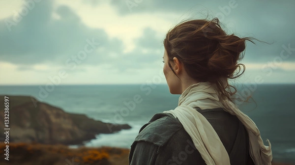 Obraz Woman Staring into the Distance on a Cliffside