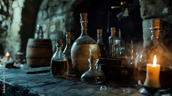Obraz Collection of Vintage Bottles and Candles in a Dark Room
