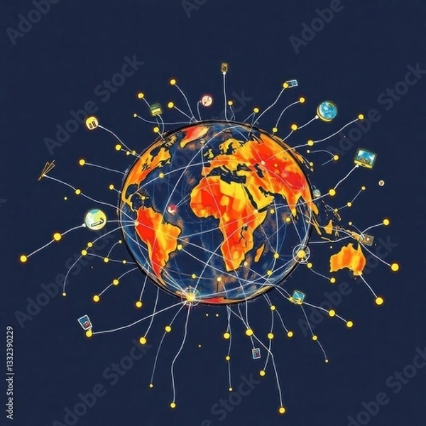 Obraz Global Network Connecting World with Glowing Lines and Digital Devices