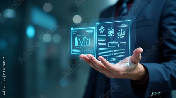 Fototapeta Hand Reviewing Holographic Audit Document with Regulation Evaluation and Quality Assurance Icons in Empty Space - Stock Photo Concept for Compliance and Quality Control