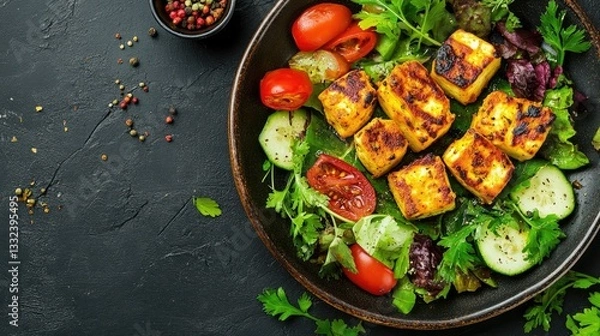 Obraz A delicious plate of paneer tikka, with golden grilled paneer, aromatic spices, and fresh vegetables on the side, highlighting a traditional Indian recipe