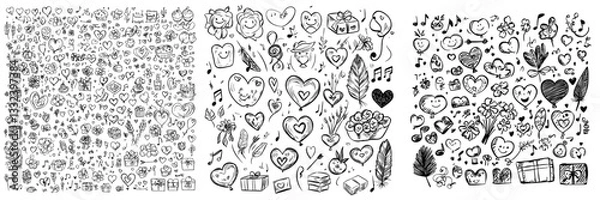 Obraz Modern, sketchy doodles of love and Valentine's Day symbols and objects can be used for birthday invitation card design and other purposes