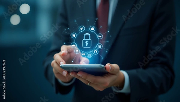 Fototapeta Revolutionizing Digital Payments: Hand Using Holographic Interface on Smartphone Showcasing Online Banking Security and Transaction Success Icons in Fintech Concept