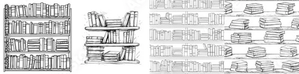 Fototapeta Modern isolated sketch illustration of a bookcase in black and white graphic