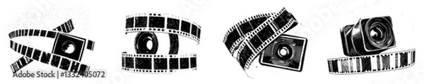 Fototapeta A single frame template from a film strip with an empty slot, featuring a vintage cinema reel and a grunge, grainy texture, presented as a modern retro illustration on a transparent background