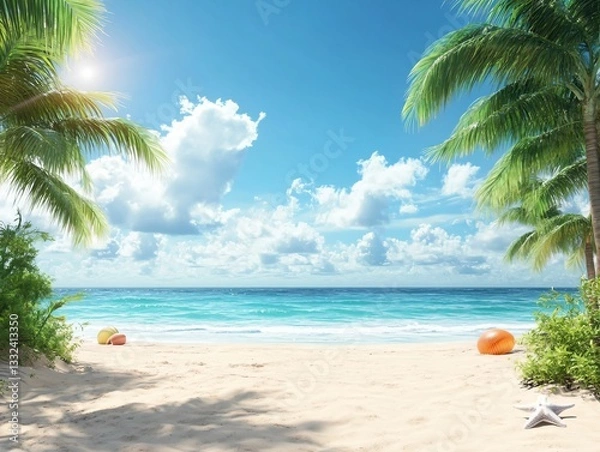 Fototapeta Tranquil Beach Scene with Clear Blue Water and Palm Trees