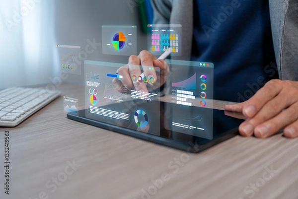 Fototapeta Analyzing sales data and financial growth charts using a tablet for strategic market planning and development
