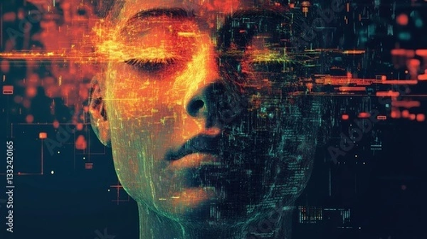 Obraz Abstract digital art of a person's face, data streams, and energy, in a futuristic setting