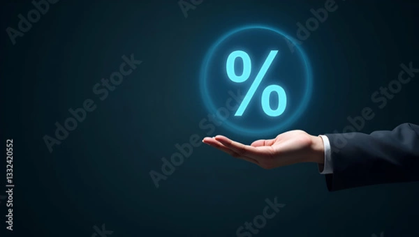 Fototapeta Flat Hand Engaging with Holographic 0% Interest Rate Symbol: Unlock Zero Financing Discounts & No Commission Sales Promotions in a Smart Business Illustration