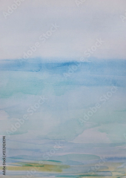 Fototapeta Abstract laconic marine landscape with cloudy skyline. Blurry calm waves on sandy seashore. Original painting watercolor with space for text.