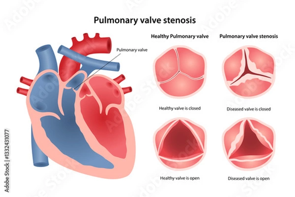 Obraz Pulmonary valve stenosis. Medical vector illustration of heart disease with image of heart showing location of pulmonary valve, healthy and diseased valve in open and closed state. Flat style