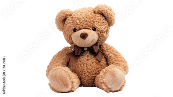 Obraz Brown teddy bear sitting with brown bow on transparent background