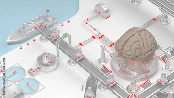 Obraz A futuristic factory with a complex production line and a brain at its center. The image represents the power of artificial intelligence. 3d rendering