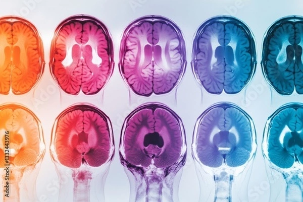 Fototapeta A timeline visual of brain scans from youth to old age, showing clear, colorful differences in structure and activity
