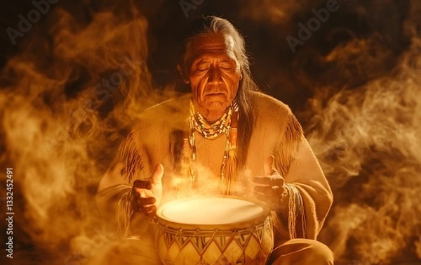 Fototapeta Ancient Rituals: A Native American elder engrossed in a ceremonial act, playing a drum amidst an ethereal atmosphere, the scene emanating both tranquility and profound spiritual essence.
